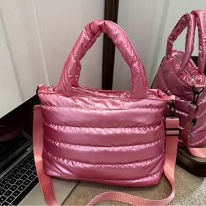 Pink Quilted Puffy Tote Bag with Attachable Strap
